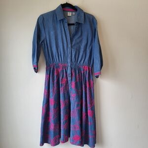 Tristan Blue Jean Flowy ¾ Sleeve Dress With Pink Floral Embroidery Bottom Sz M